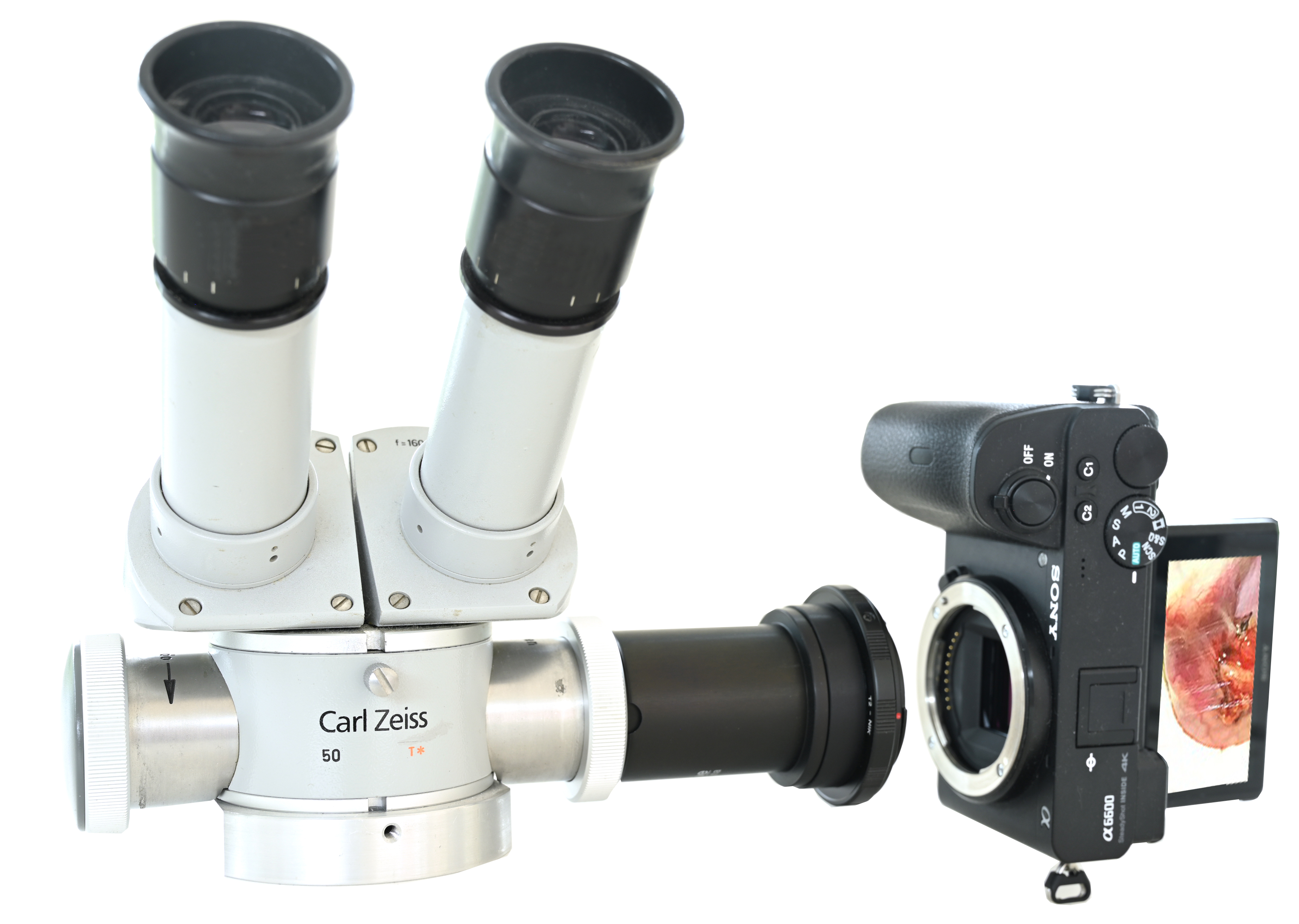 Ejemplo de aplicación: lámpara de hendidura antigua, divisor de haz de lámpara de hendidura Zeiss OPMI con cámara digital moderna