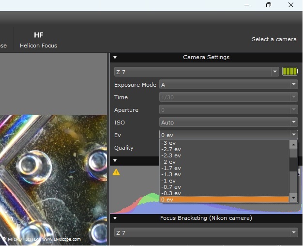 Outil pratique pour la microscopie, Helicon Remote : r�glages de la cam�ra, luminosit�, ISO