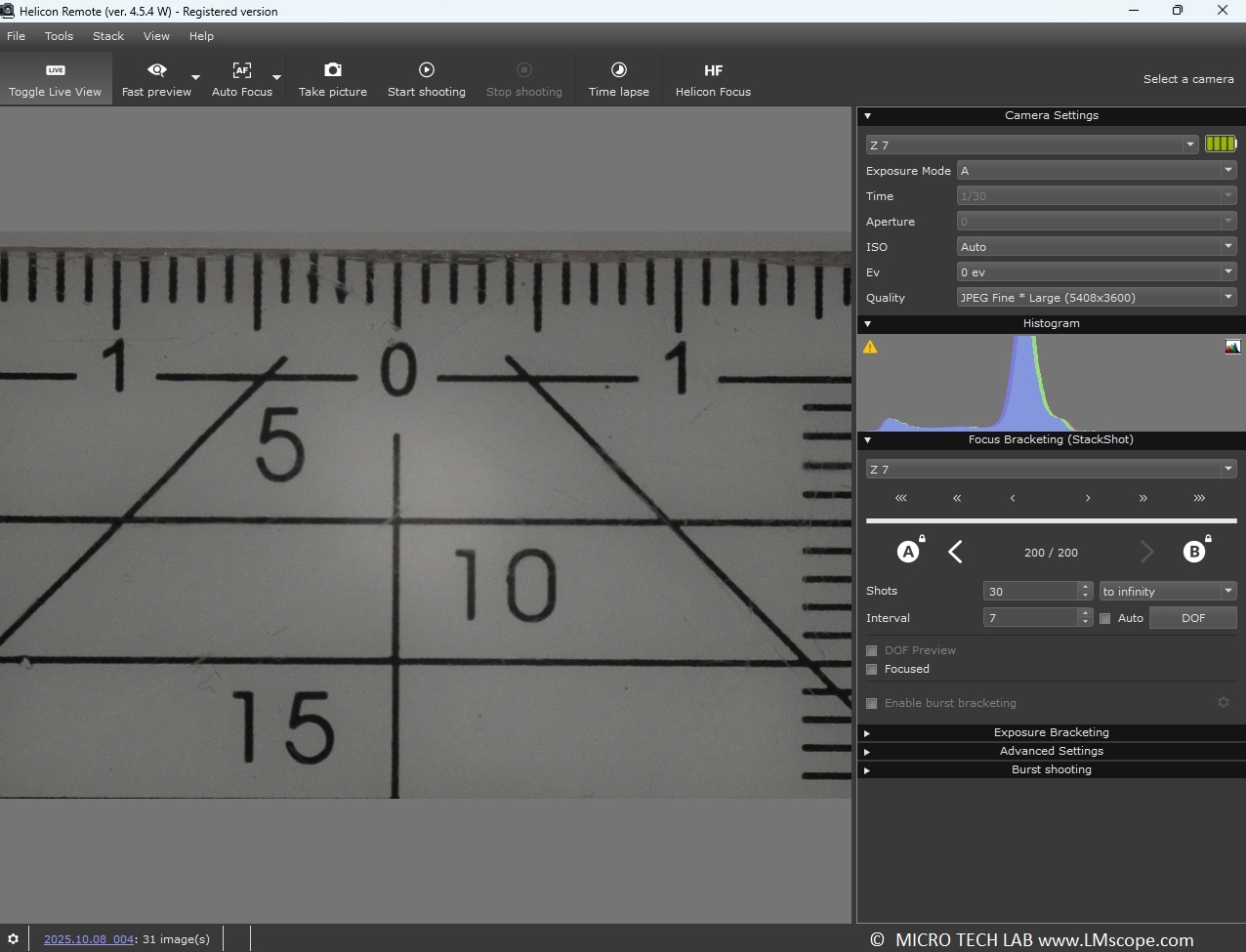 Helicon Remote Software in microscopy, mirror horizontally for better view