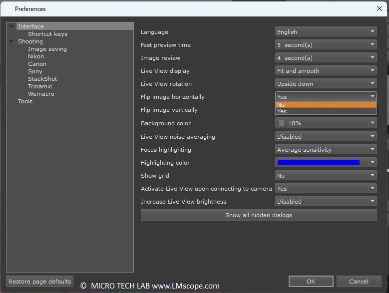 Helicon Remote Software in microscopy, mirror horizontally for better view