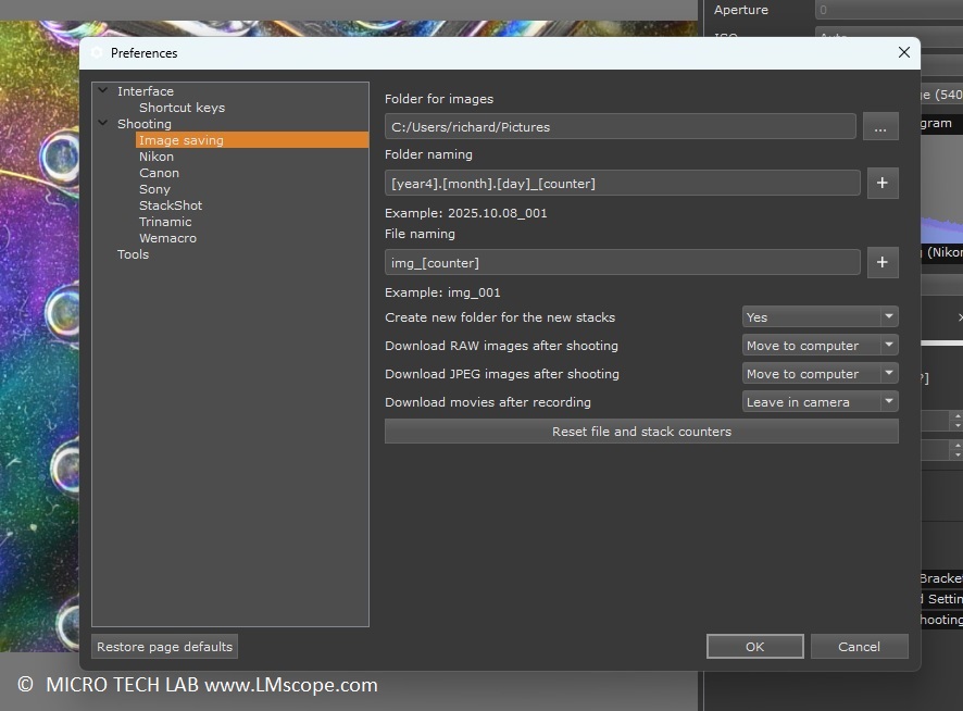 Helicon Remote : Les photos sont enregistr�es directement sur le disque dur au format souhait� ; Propri�t�s de stockage pour la microscopie Helicon Remote