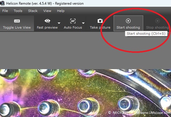 Utilisation du logiciel Helicon Remote sur le microscope, mise au point par empilement, d�marrage de enregistrement