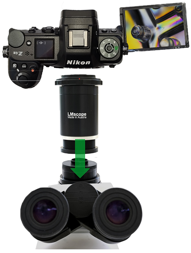 Profi Mikroskopadapter mit integrierter Präzisionsoptik mit Mikroskopkamera Nikon Z6 III, Fototubus,Okulartubus, C-Mount