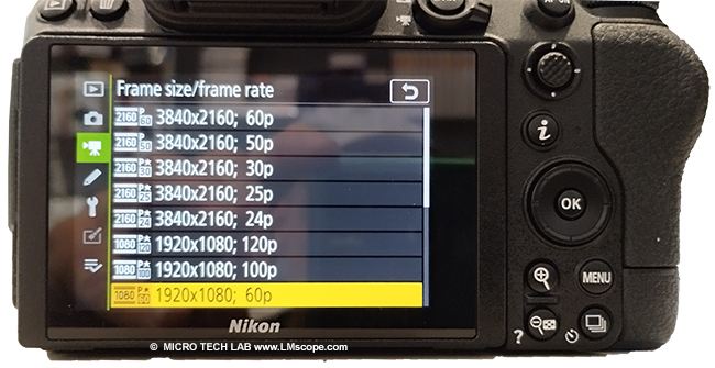 Video Aufl�sung , Display Frame rate und Gr��e bei 4K Video Nikon Z6II