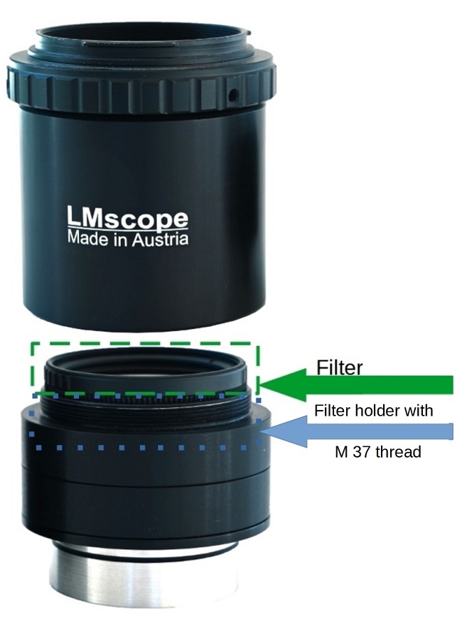 Solución de adaptador para microscopio con filtro óptico integrado, filtro integrable Solución de adaptador M37