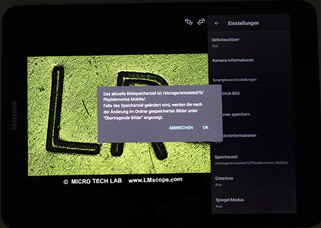 Auswahl Speicherpfad Sony App f�r DSLR und DSLM Mikroskopkameras