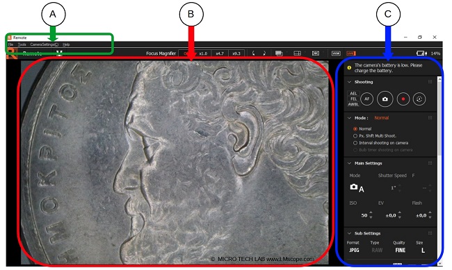 Sony Remote Software Aufteilung des Userfensters Überblick, Einsatz in der Mikroskopie, angenehmes Arbeiten höhere Bildqualität